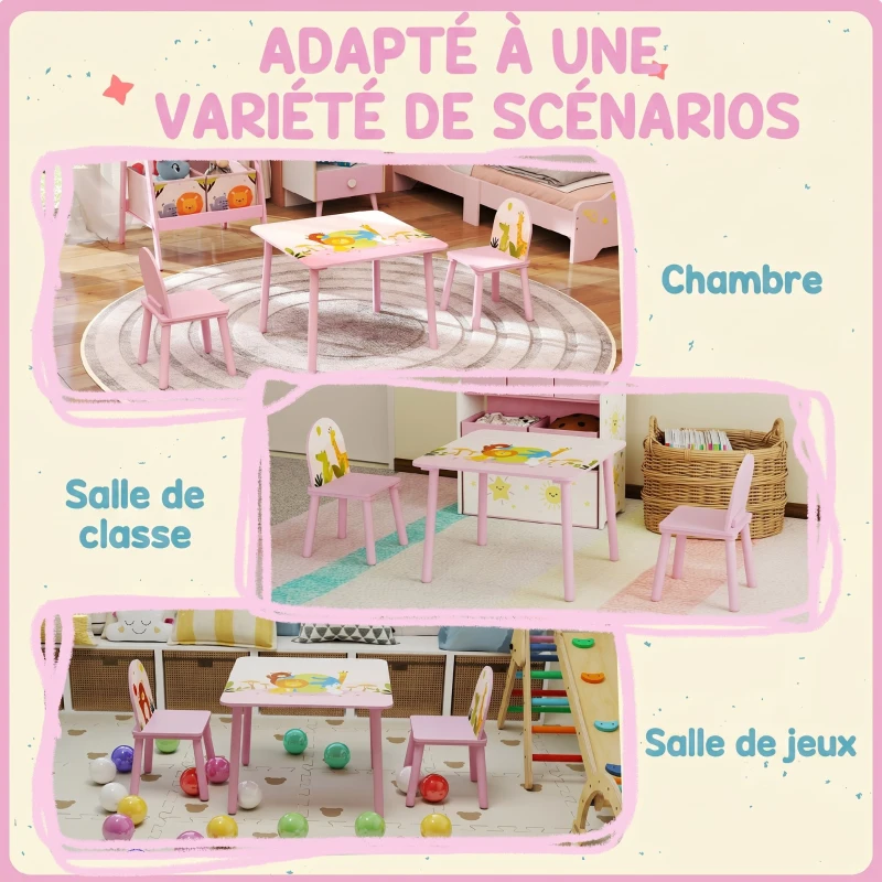 AIYAPLAY Table enfant avec chaise, ensemble table et 2 chaises en bois pour dessiner, jouer, étudier, rose