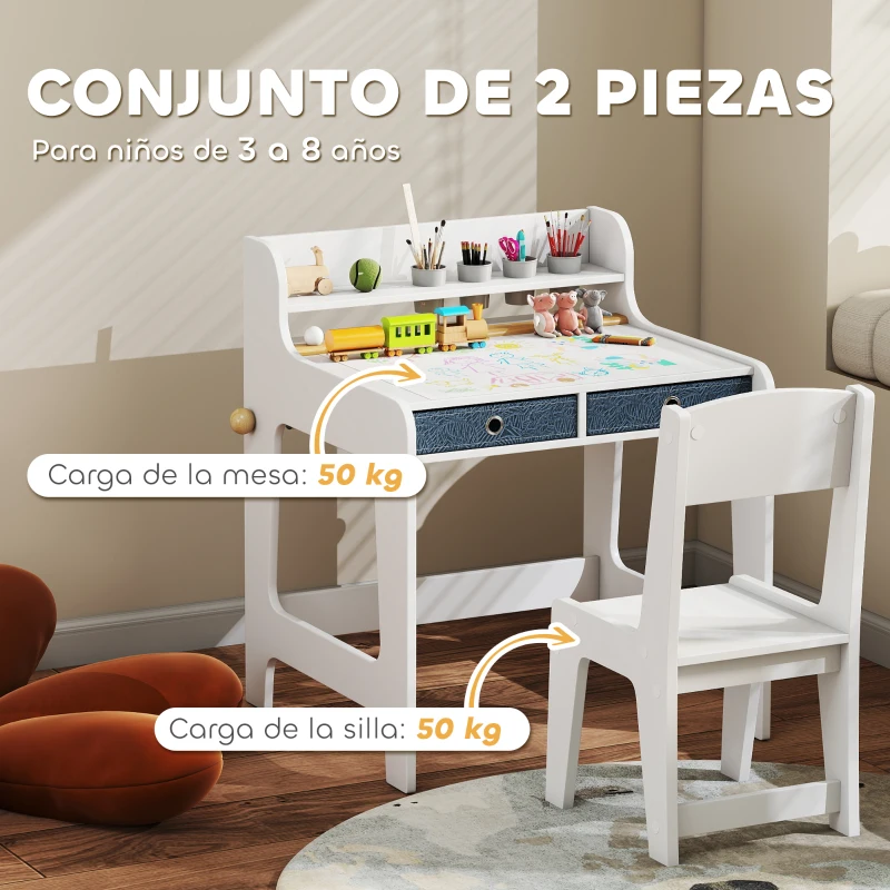 AIYAPLAY Escritorio Infantil con Silla Pupitre Infantil con 2 Cajones y Estante Mesa 62,8x55,6x73,8 cm y Silla 31,5x35x65,5 cm