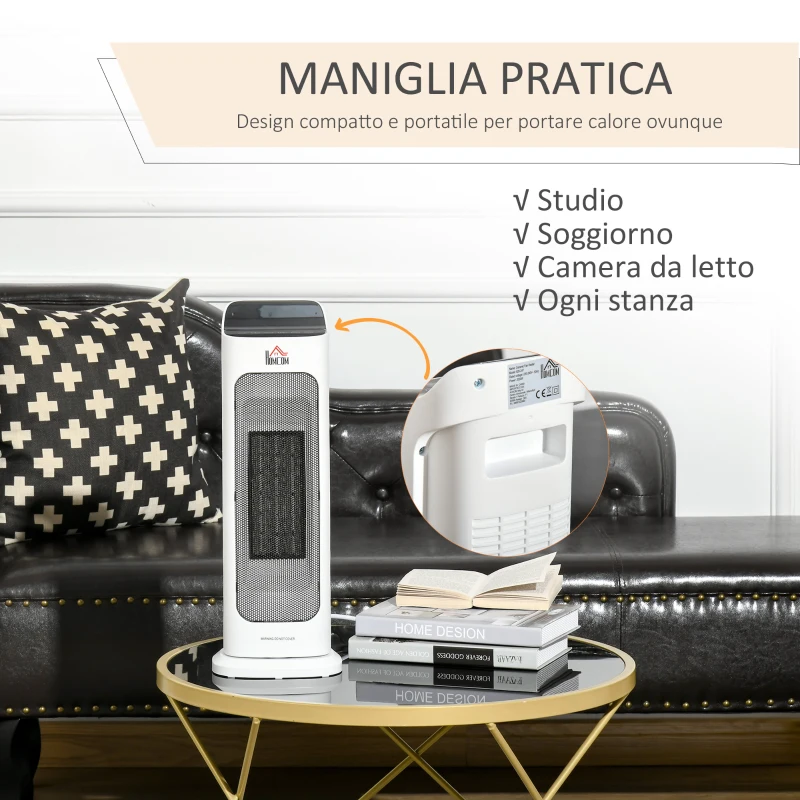 HOMCOM Stufetta Elettrica Oscillante con Telecomando, Temperatura Regolabile e Timer, Potenza 1000W/2000W, 17.6x13.7x50cm, Bianco