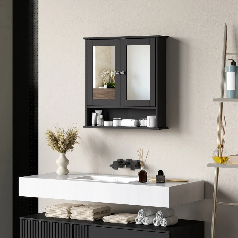 kleankin Armario de Baño con Espejo Armario de Pared con 2 Puertas Estante Abierto Estante Ajustable 56x13x58cm Negro