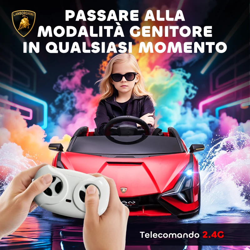 HOMCOM Macchina Elettrica per Bambini 3-5 Anni 12V Lamborghini SIAN, 3-5km/h Auto Elettrica per Bambini con 2 Motori, Porte a Forbice, Fari e Musica, Telecomando, Cintura e Clacson, Rosso