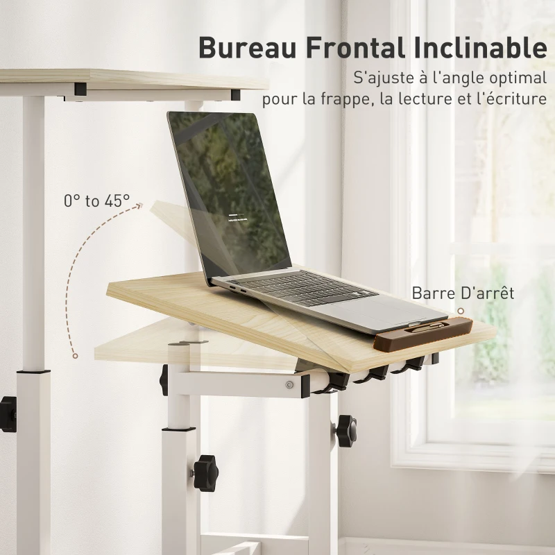 HOMCOM Bureau assis debout bureau réglable en hauteur 60 x 60 cm à roulettes avec plateau inclinable cadre en métal naturel