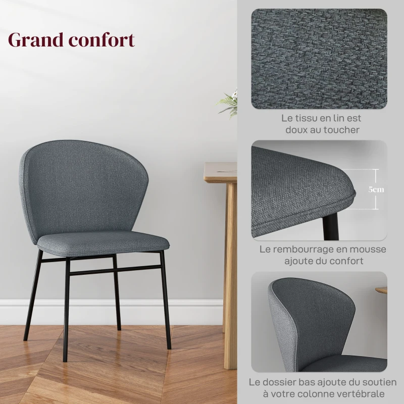 HOMCOM Lot de 2 chaises de salle à manger assise rembourrée en tissu aspect lin pieds en acier stable design moderne gris