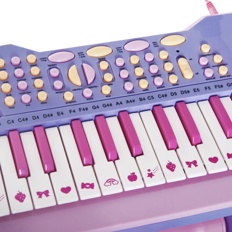 HOMCOM Pianola per Bambini a 37 tasti con Sgabello e Microfono, 12 Strumenti e 22 Musiche, Registrazione, MP3 e Karaoke, Rosa