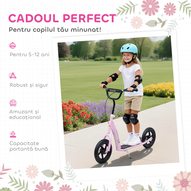 HOMCOM Trotinetă pentru Copii 5-12 Ani cu Frână Posterioară și Ghidon Reglabil, 120x52x80-88 cm, Roz
