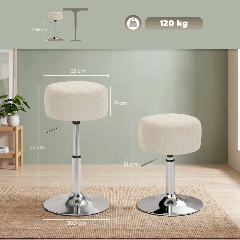 HOMCOM Tabouret de coiffeuse en chenille, tabouret de maquillage pivotant, tabouret de bar réglable en hauteur 51-66 cm, crème