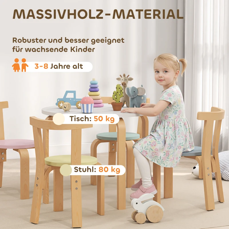 AIYAPLAY 5-delig kindertafel- en stoelset, licht massief hout, meerkleurig