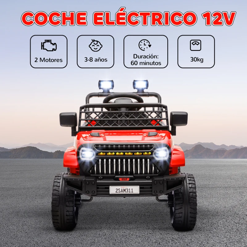 AIYAPLAY Coche Eléctrico para Niños con Batería 12V Mando a Distancia Velocidad Ajustable USB Faros Bocina Rojo