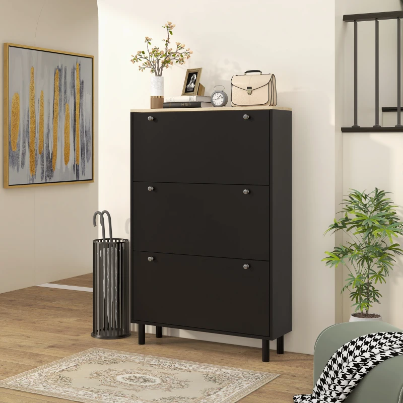 HOMCOM Meuble à Chaussures 24 Paires, Armoire à Chaussures Étroite avec 3 Tiroirs Rabattables, Étagères Réglables, Noir