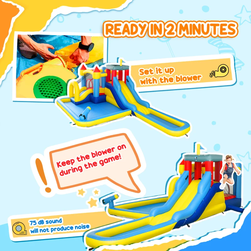 AIYAPLAY Inflatable Bouncy Castle, Kids Water Bounce House 6 in 1 with 550W Blower, 2 Slides for Garden, Party, Outdoor Indoor