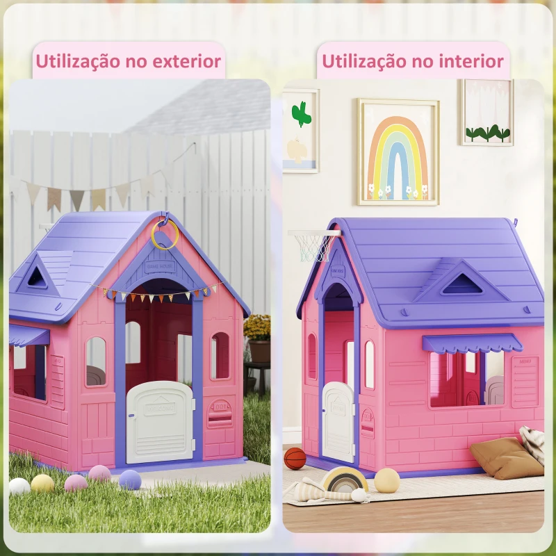 AIYAPLAY Casa de Jogos para Criaanças com Lançamento de Aros e Cesta de Basquetebol 132x118x124 cm Rosa e Roxo
