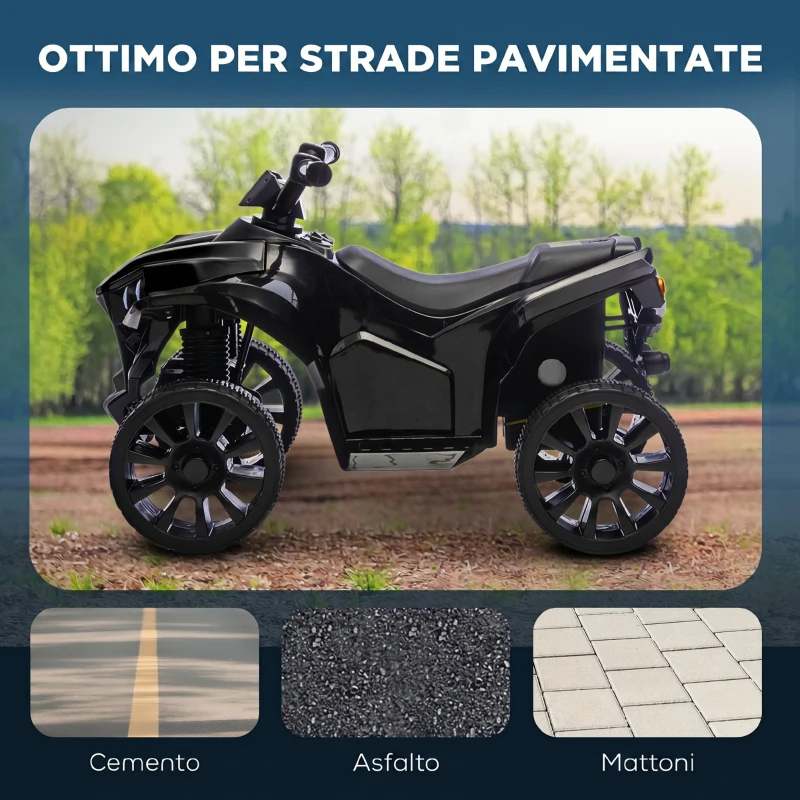 AIYAPLAY Quad Elettrico per Bambini ATV con Batteria Ricaricabile 6V, Fari LED e Musica, Età 18-56 Mesi, Nero