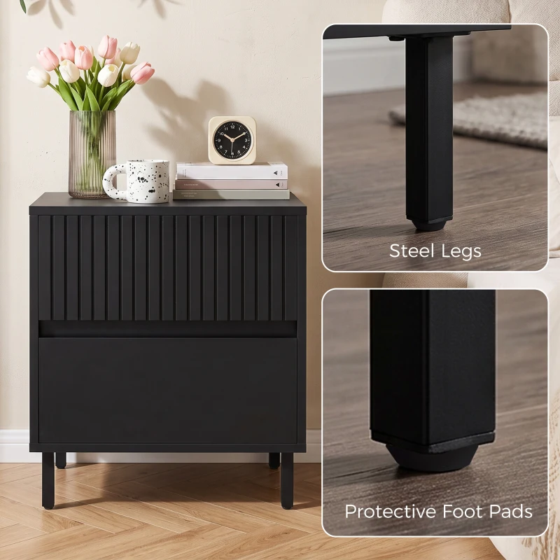 HOMCOM Bedside Cabinet, Bedside Table with 2 Drawers, Storage and Steel Legs for Bedroom, Living Room, Black