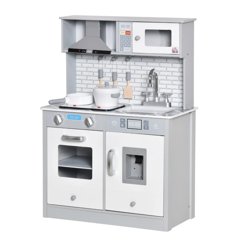 HOMCOM Kids Wooden Toy Kitchen Pretend Play Cooking Playset w/ Sound & Light Effect, Battery Operated Cooktop, Ice Machine, Marble Pattern Countertop, for 3-6 Years Old