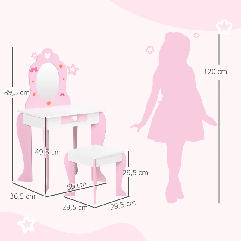 ZONEKIZ Toucador Infantil de Madeira com Banco Espelho e Gaveta Mesa de Maquilhagem para Crianças entre 3-6 Anos 50x36,5x89,5cm Rosa
