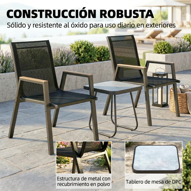 Outsunny Conjunto de Jardín de 3 Piezas con 2 Sillas de Textilene Mesa de DPC Efecto Madera para Patio Balcón Negro