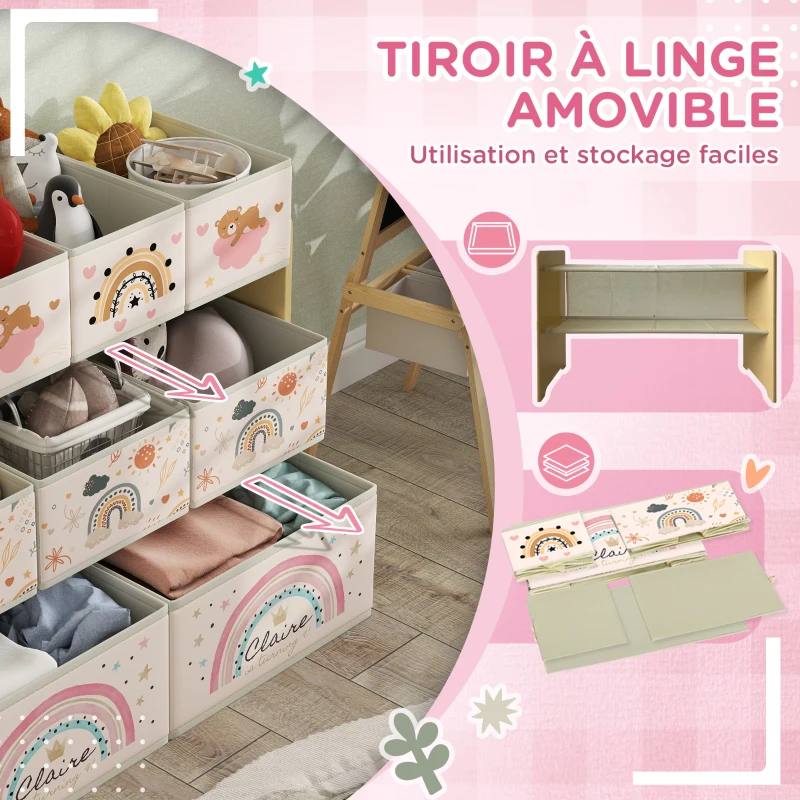 AIYAPLAY Étagère de rangement enfant étagère à 3 niveaux avec 9 boîtes en tissu non tissé 93 x 30 x 70 cm jaune