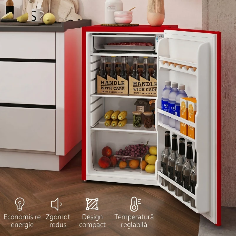HOMCOM Frigider Compact 91L Ușă Reversibilă cu Congelator și Temperatură Reglabilă, Roșu