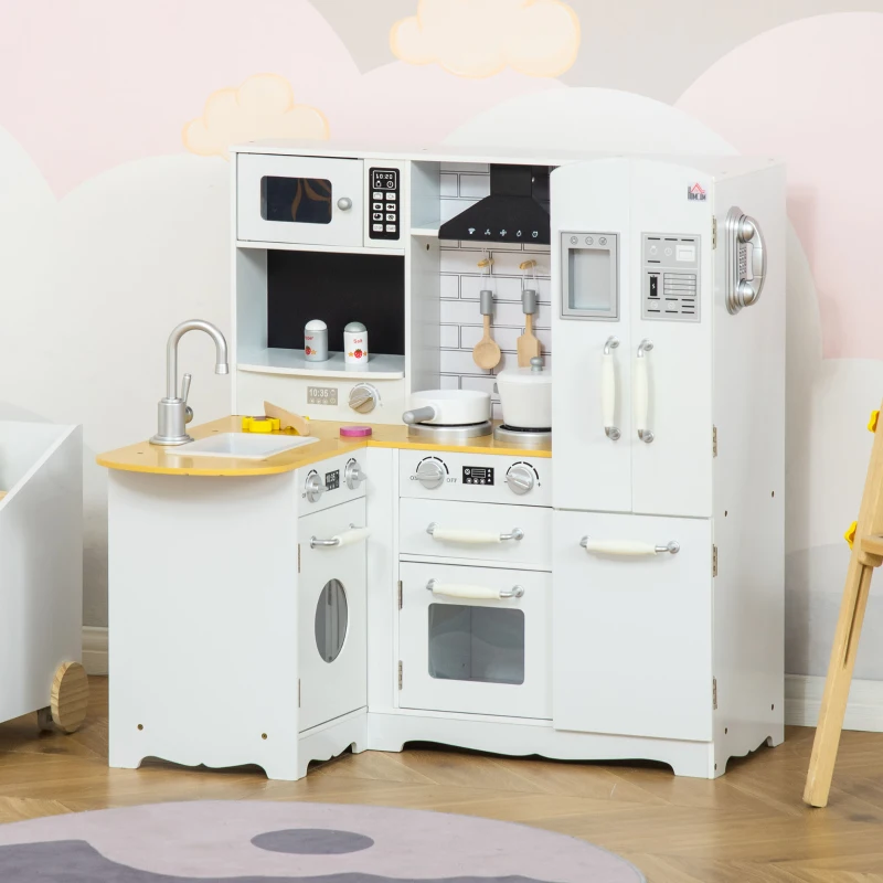 HOMCOM Cocina de Juguete de Madera para Niños de +3 Años con Sonidos 14 Accesorios Cocinita Infantil con Teléfono Fregadero Extraíble Microondas y Grifo 82x65x87 cm Blanco