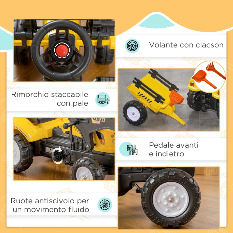 HOMCOM Escavatore a Pedali per Bambini da 3 Anni con Ruspa Frontale, Rimorchio e 6 Ruote, Giallo