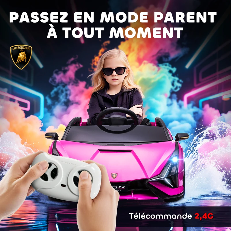 HOMCOM Voiture électrique Enfants de Sport Véhicule électrique Lamborghini Sian 12 V - V. Max. 5 Km/h avec Télécommande 2,4G Effets sonores + Lumineux Rose(m-5)