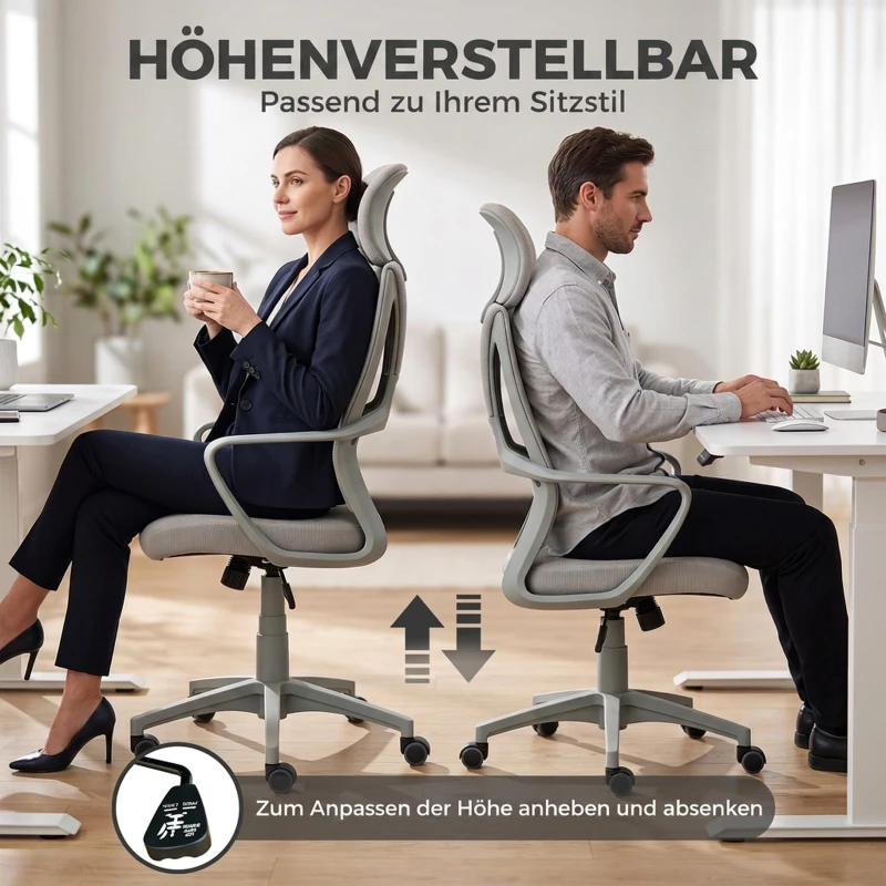 Vinsetto Bureaustoel, in hoogte verstelbare draaistoel met kantelfunctie, hoofdsteun en lendensteun, grijs