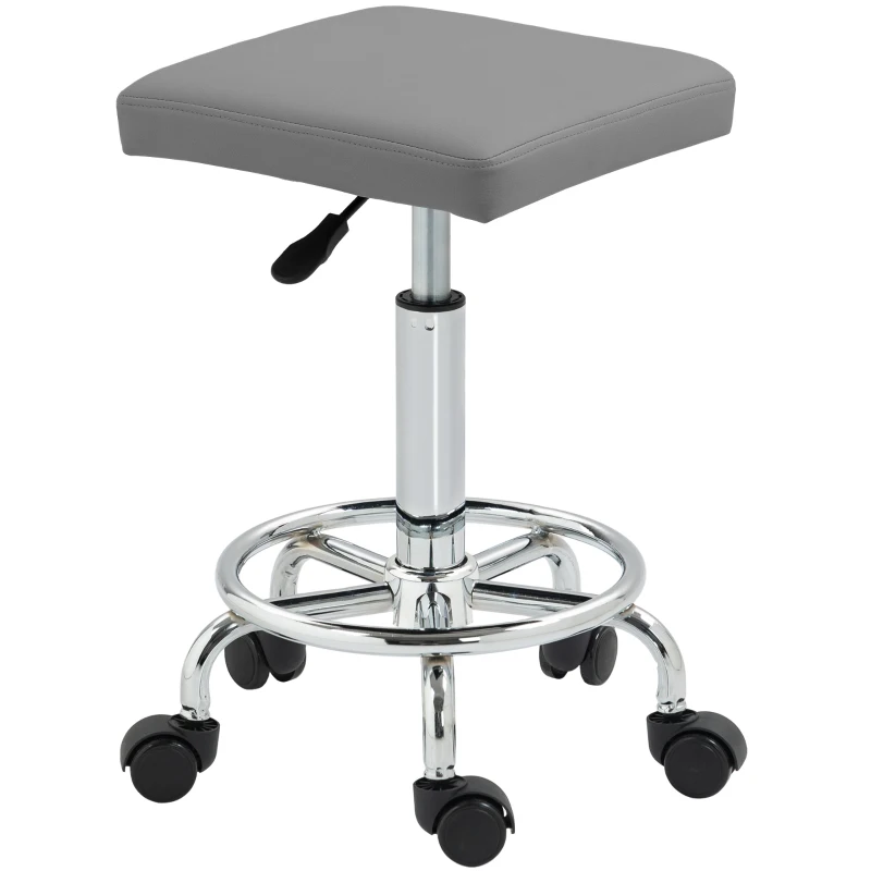 HOMCOM Taburete Giratorio Ajustable Con Asiento Acolchado Reposapiés y Ruedas para Salones y Talleres 34x34x50-66 cm Gris