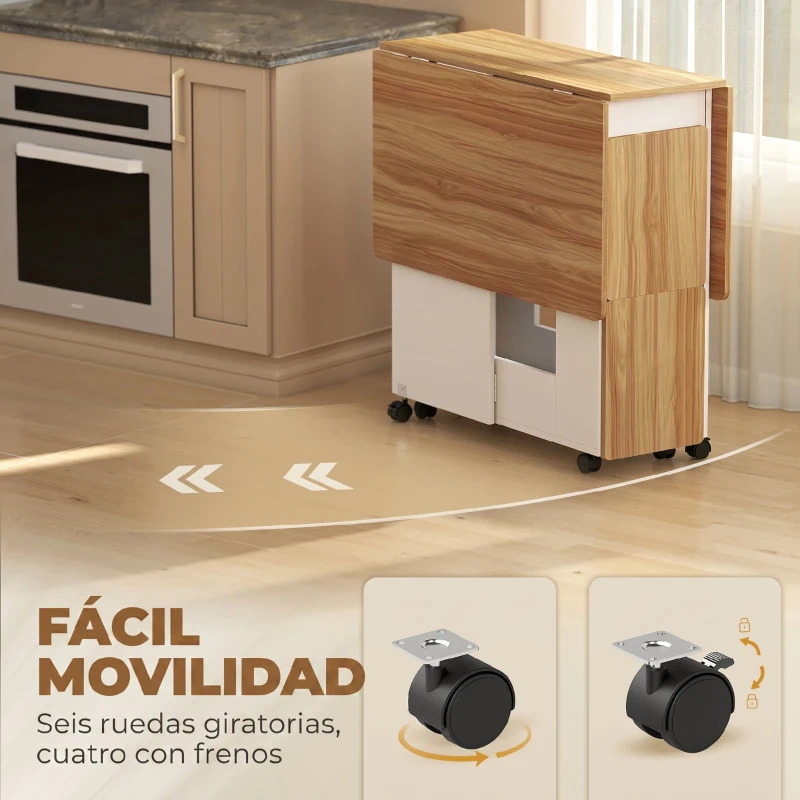 HOMCOM Conjunto Mesa de Comedor Plegable y 4 Taburetes Ocultos 2 Alas Abatibles Ruedas Estantes Roble