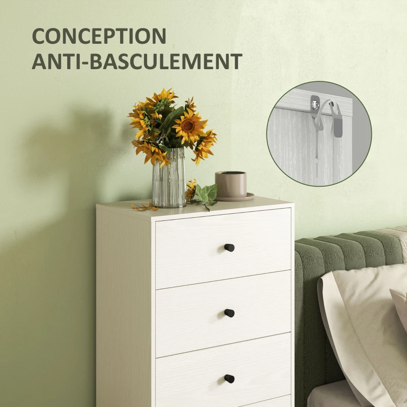 HOMCOM Commode 5 tiroirs, meuble de rangement haut et étroit, style moderne pour chambre à coucher, salon - 47x29x95cm, crème