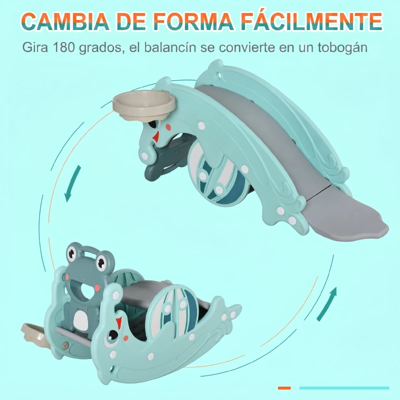 HOMCOM 3 en 1 Caballo Balancín para Niños con Tobogán Aro de Baloncesto Set de Juegos Multifuncional con Superficies Suaves 18-36 Meses con Forma de Rana Delfín 72x34x47 cm Verde