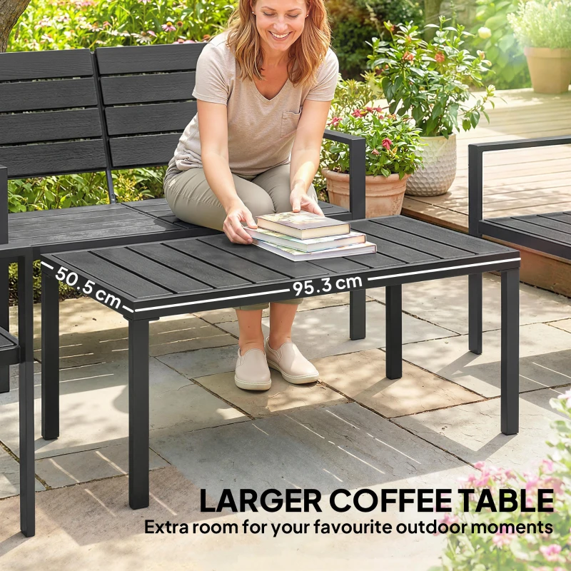 Outsunny 4 Piece Garden Furniture Set, Outdoor Sofa Set with HDPE Slatted Loveseat Armchairs Coffee Table Metal Frame, Black