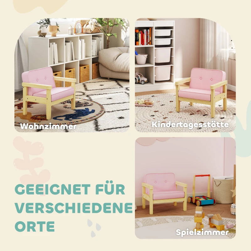 AIYAPLAY kinderfauteuil met ribstof-look, massieve houten poten, schuimstoel voor kinderkamer en speelkamer, 46,5 x 44 x 45 cm, voor kinderen 3-8 jaar Roze