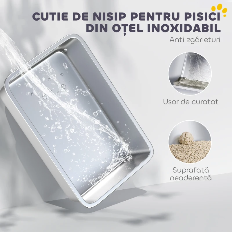 PawHut Litieră Spațioasă din Oțel Inoxidabil pentru Pisici, cu Capac Rabatabil și Lopățică
