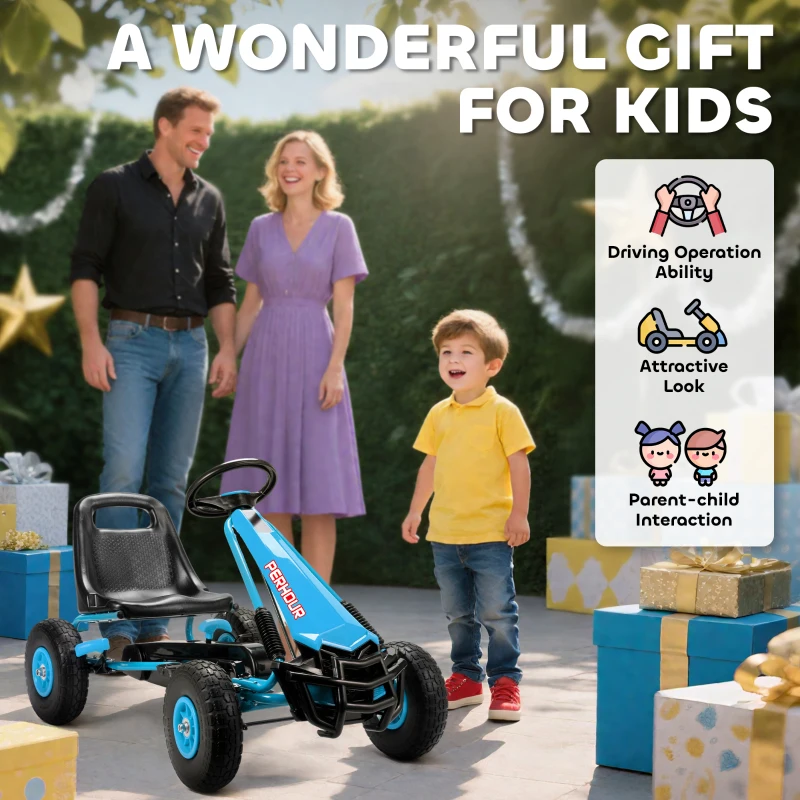AIYAPLAY Kids Pedal Go Kart with Adjustable Seat, EVA Tyres, Manual Clutch, Brake, Go Kart for Kids 3-8 Years, Blue