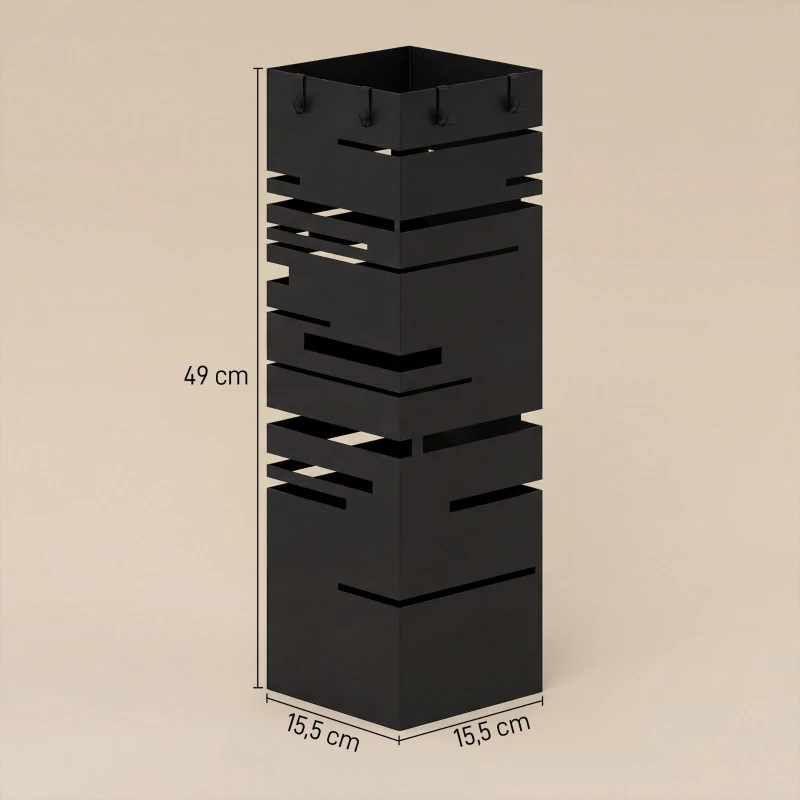 HOMCOM Metalen paraplubak met uitneembare opvangschaal en 4 haken, 15,5 x 15,5 x 49 cm, zwart