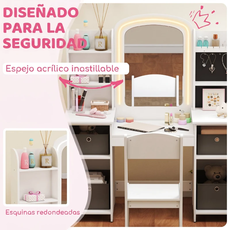 AIYAPLAY Tocador Infantil con Espejo con Luz Taburete Cajones de Tela Ganchos para Joyas y Estantes para 3 a 8 Años Blanco