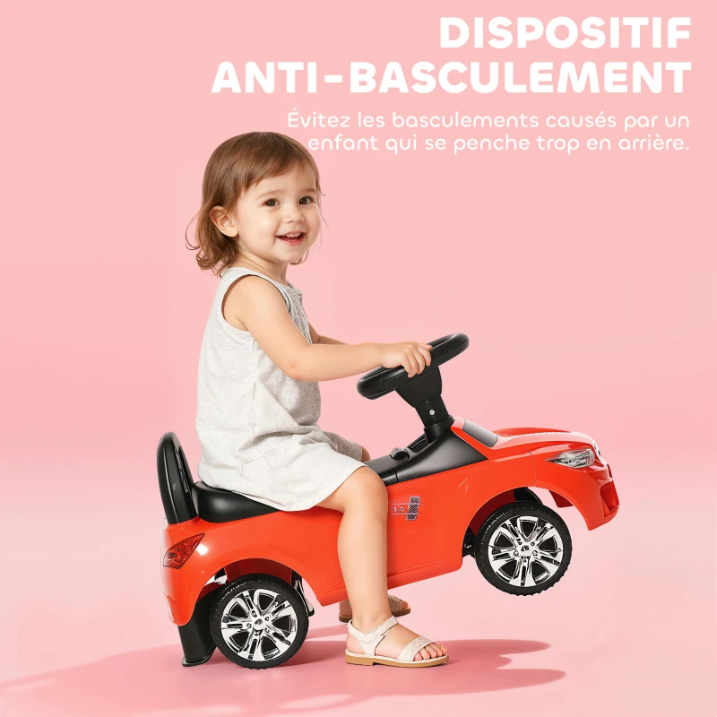 HOMCOM Porteur enfants voiture, véhicule à pousser avec coffre à jouets, klaxon, phares et musique, 63,5 x 28 x 36 cm, rouge