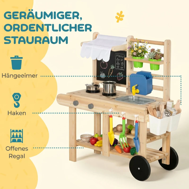 AIYAPLAY Matschküche Kinder Outdoor, Spielküche aus Holz mit echtem Wasserhahn, Spüle, Herd, Ablagefach, Wassertank, Naturholz