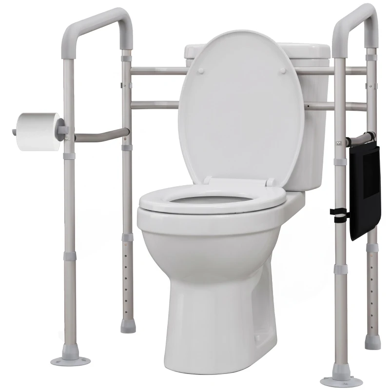 HOMCOM Free Standing Toilet Frame, Height and Width Adjustable Toilet Safety Frame with Arms, 2 Additional Suction Cups, Storage for Elderly, Disabled, Handrail Grab Bar, 136kg Weight Capacity