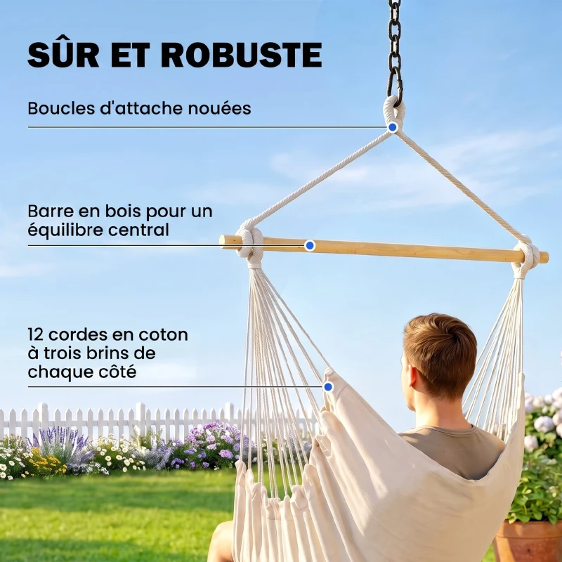 Outsunny Fauteuil suspendu extérieur chaise hamac avec 2 coussins, intérieur et extérieur, en tissu coton mélangé, crème