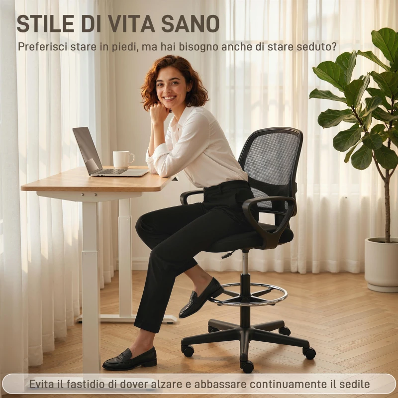 HOMCOM Sedia Ufficio Ergonomica Girevole in Rete Traspirante con Anello Poggiapiedi e Altezza Regolabile, Nero