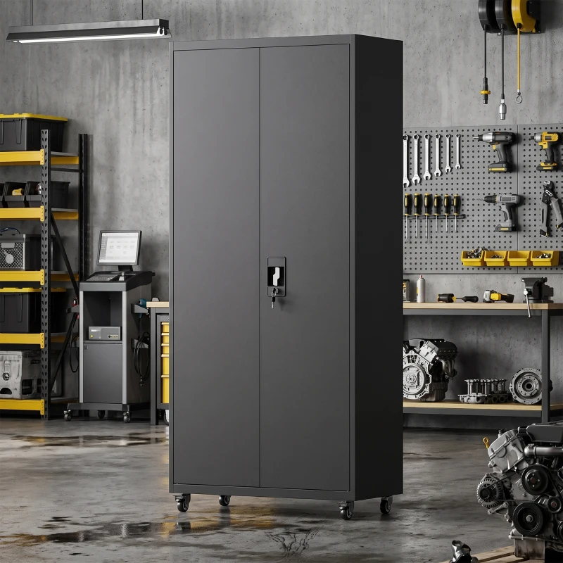 HOMCOM Armoire de Bureau Métallique, 80 x 40 x 180 cm, Meuble de Rangement sur Roulettes en Acier avec Serrure, Noir