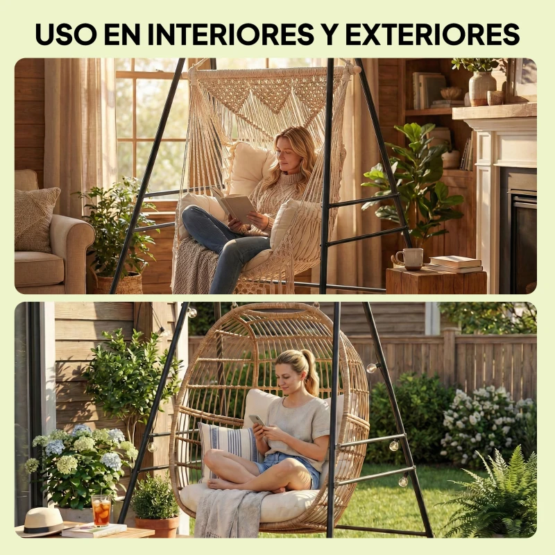 Outsunny Soporte para Silla Colgante Hamaca 183 cm Soporte para Columpio Estructura de Acero Almohadillas Antideslizantes Negro
