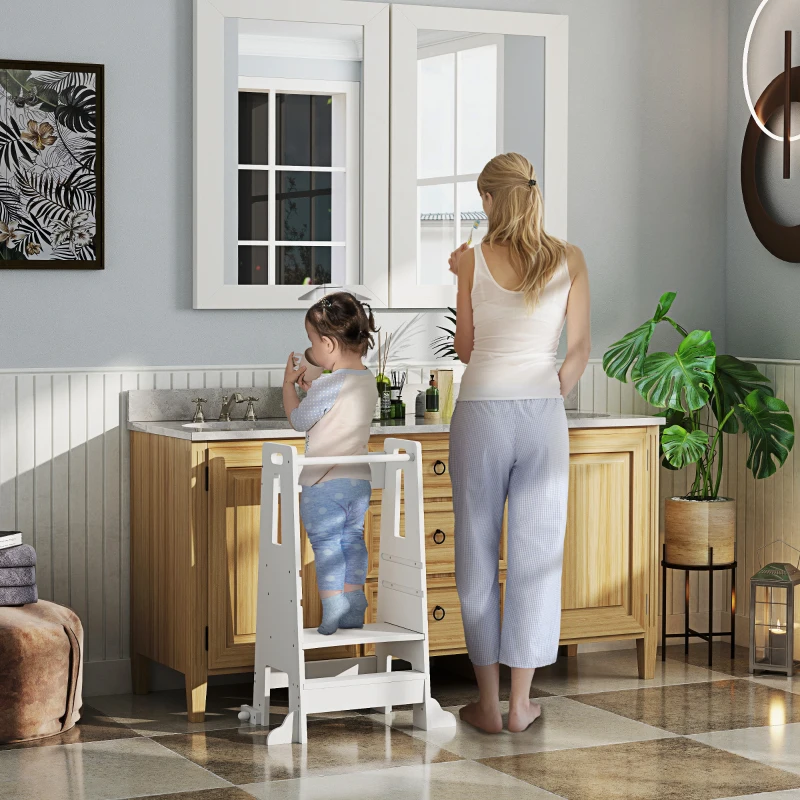 AIYAPLAY Torre de Aprendizaje para Niños con Pedal Altura Ajustable en 3 Niveles y Barrera de Seguridad 45x47,5x91 cm Blanco