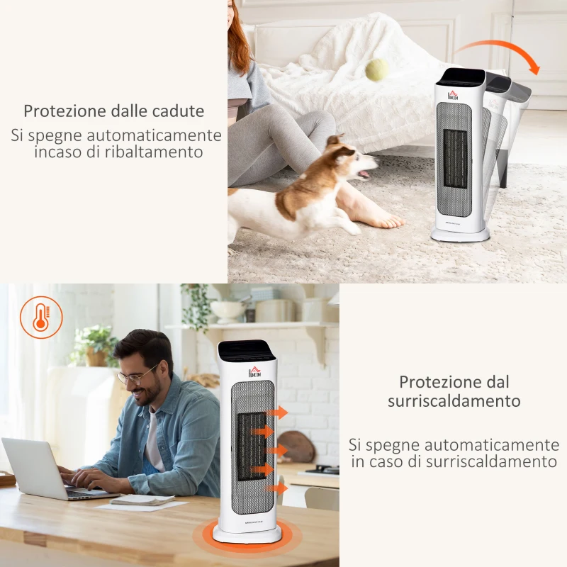 HOMCOM Stufetta Elettrica Oscillante con Telecomando, Temperatura Regolabile e Timer, Potenza 1000W/2000W, 17.6x13.7x50cm, Bianco