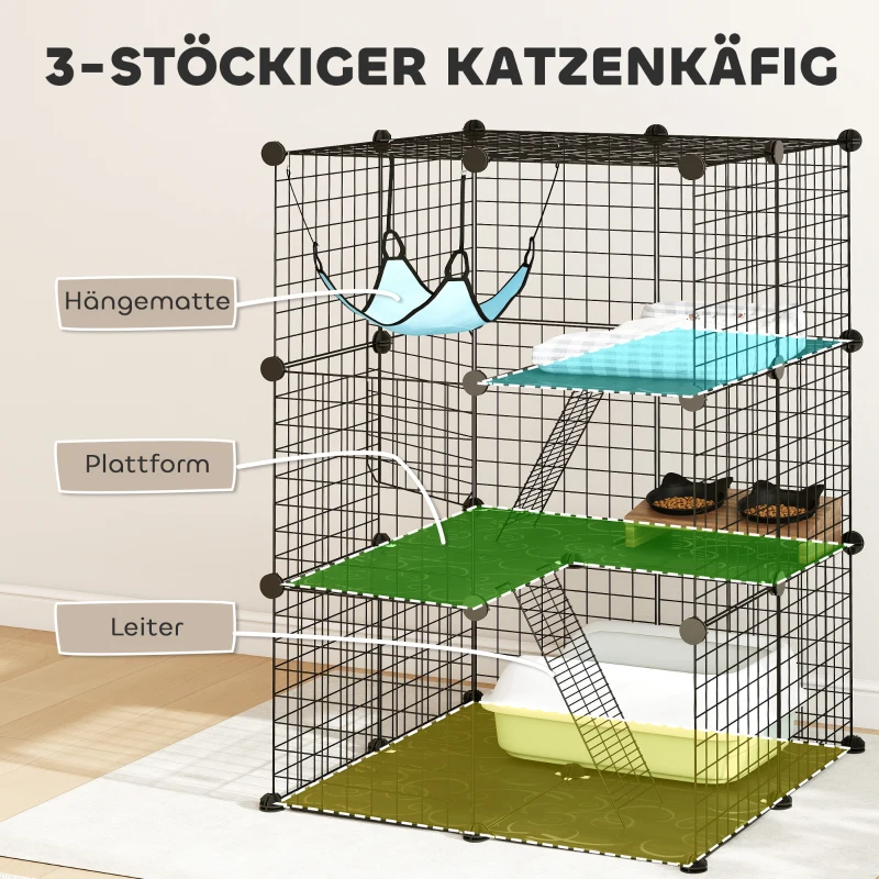 PawHut Kattenkooi voor binnen 105 cm, stalen kattenren met 3 deuren, modulair DIY-ontwerp voor kittens tot 4 kg