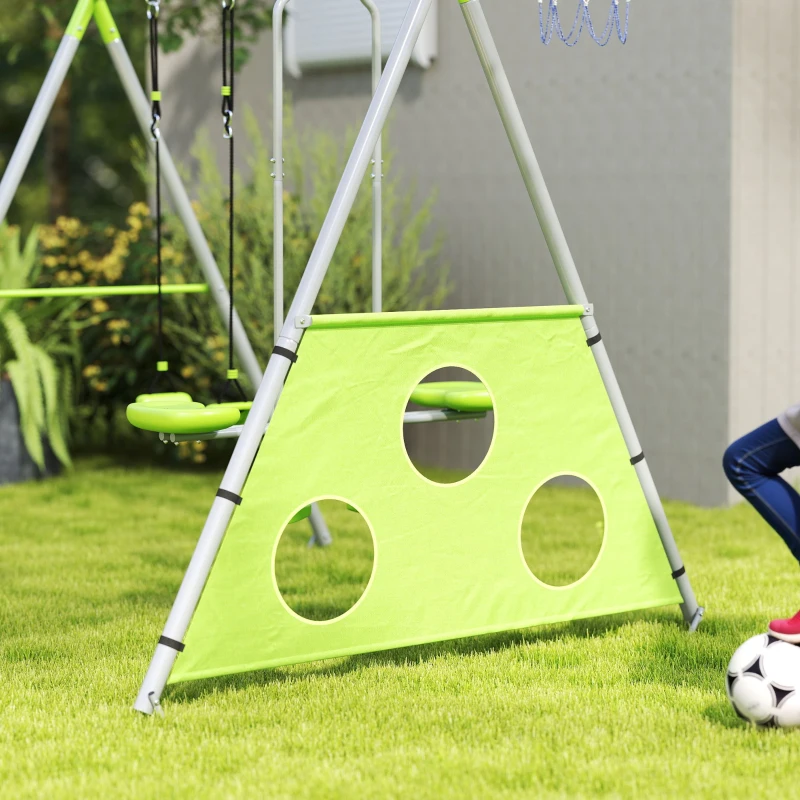 AIYAPLAY Gioco per Bambini 4 in 1 con 2 Altalene da Giardino, Canestro e Porta da Calcio, 215x180x182 cm, Verde e Grigio