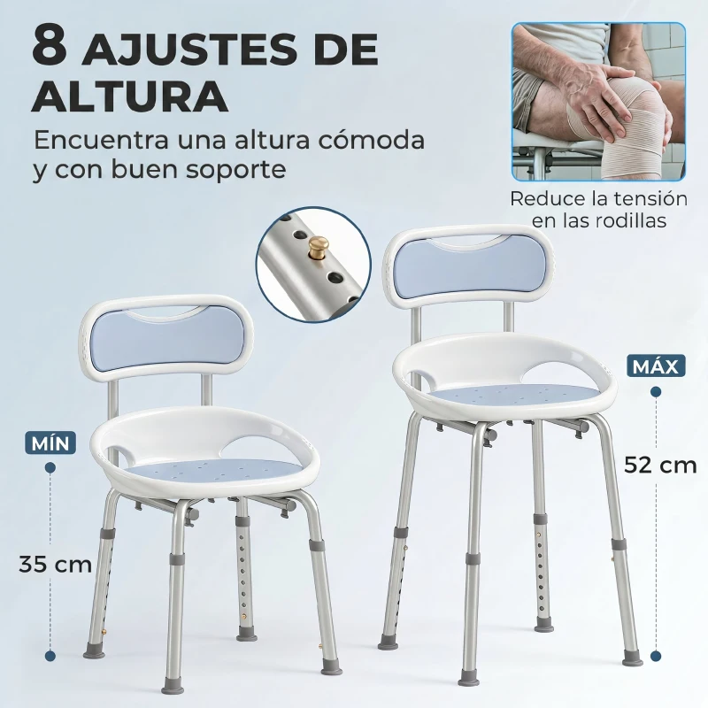 HOMCOM Silla Ducha Personas Mayores con Protectores Laterales Respaldo Antideslizantes Altura Regulable Carga 136 kg Azul