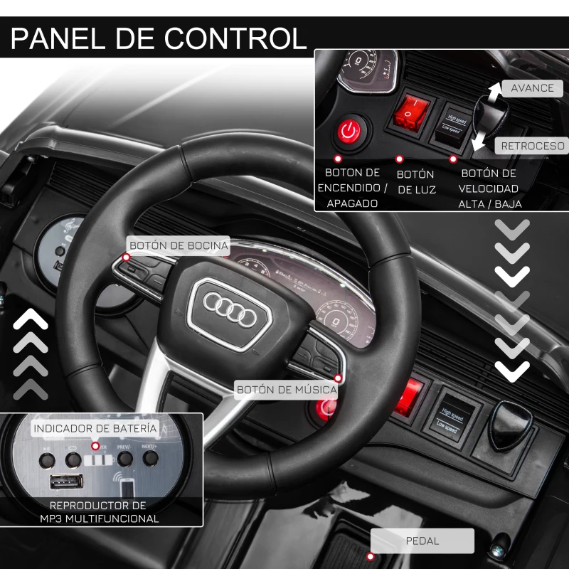 HOMCOM Coche Eléctrico Infantil +3 Años Licencia Audi RS Q8 con Batería 6V 2 Motores Mando a Distancia Música Bocina y Luces Velocidad Máx. 3km/h 101x62x51 cm Negro