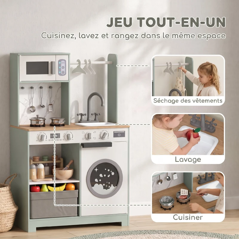 AIYAPLAY Cuisine enfant jouet d'imitation, dinette enfant avec cuisinière, évier, micro-ondes, 5 accessoires, vert